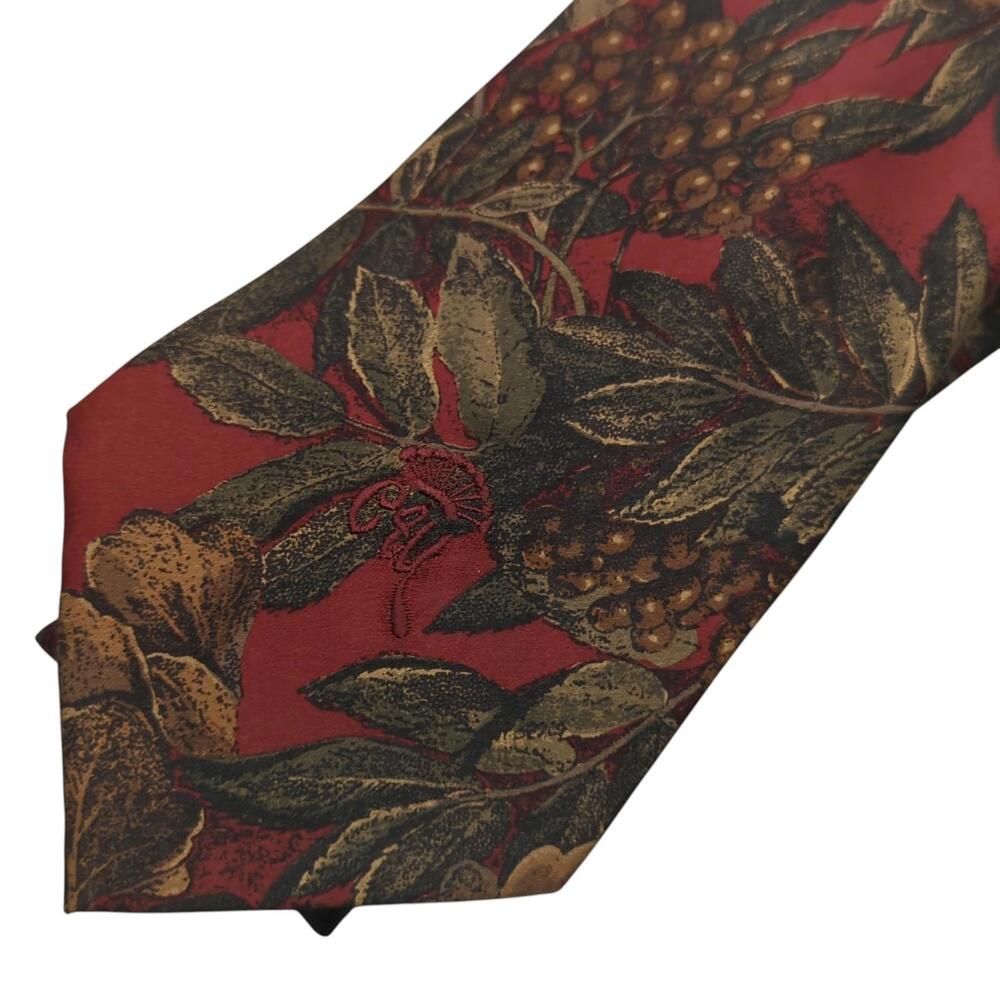 Vintage Countess Mara Men's Tie Floral Leaves Themed Red Silk Necktie